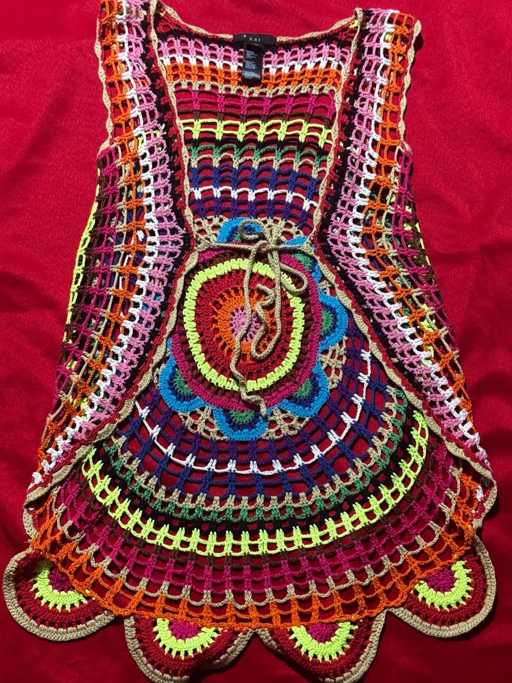 Forever 21 Bright Multicolor Crochet Tie-Front Vest